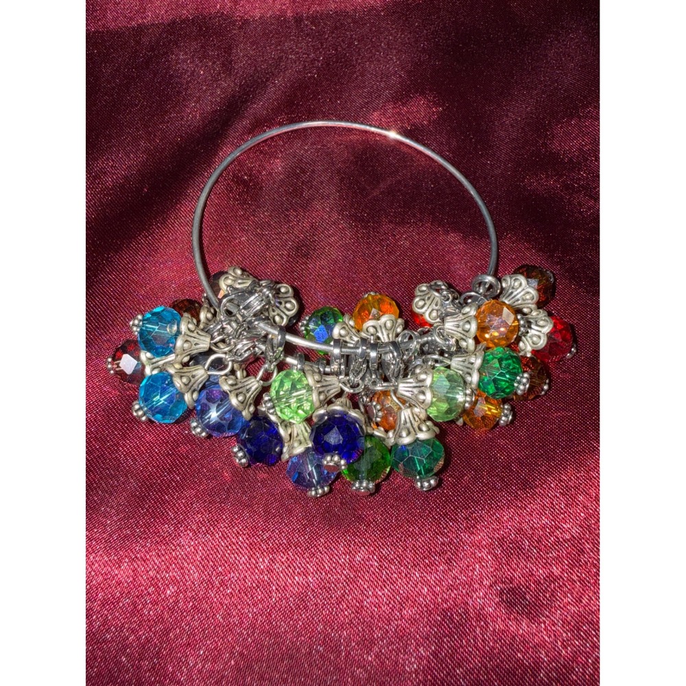Silver Tone Multi Color Beaded Cluster Bangle Bracelet Boho Rainbow Glass Beads